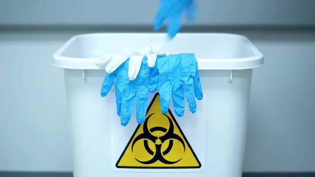 Biohazard Waste Container - A white biohazard waste container with a yellow biohazard symbol on the front. Blue and white disposable gloves are draped over the edge of the bin.