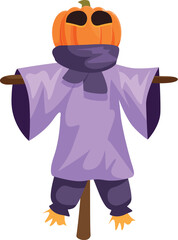 Funny scarecrow with pumpkin for head wearing purple clothes and a scarf, perfect for halloween decoration