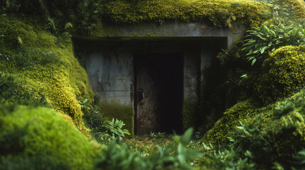 Moss-Overgrown Abandoned Concrete Bunker Entrance with a Rusty Door, Hidden in Nature and Evoking Historical Mystery.