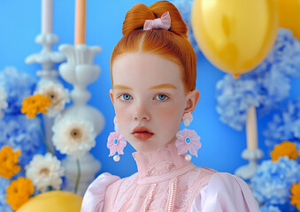 A portrait of a young red-haired model in a pink lace dress and oversized floral earrings, surrounded by bright flowers and balloons. Doll-like pastel fantasy with modern editorial styling.