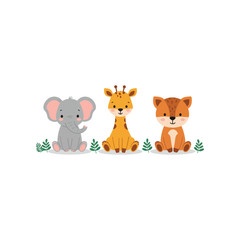Three adorable cartoon baby animals including an elephant giraffe and fox sitting together in a forest setting