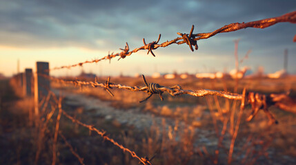 Rusty Barbed Wire Cross: A Somber, Weathered Symbol of War and Remembrance, with a Moody, Cinematic Close-Up.