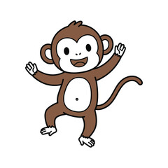 Obraz premium A cheerful cartoon monkey with big eyes and a wide smile joyfully dancing with arms raised against a white background