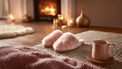 Creative lifestyle concept. Pair of luxury fur home slippers, pink mug on woven wool rug, living home with burning glowing warm cozy fireplace. copy text space. Long banner