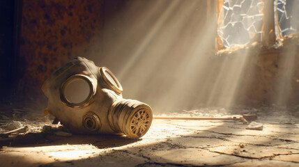 Eerie Post-Apocalyptic Gas Mask Relic Lying on a Dusty, Cracked Concrete Floor with Dramatic Light Rays.