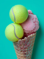Minimalist concept of two tennis balls styled like scoops of ice cream in a glittery waffle cone against a turquoise background. Surreal sports and food mashup with playful pop art flair.
