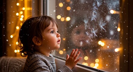 A young child looking out a window at snow with christmas lights in the background on a winter night