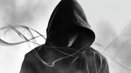 Hooded figure emerges from smoke and mist