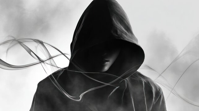 Hooded figure emerges from smoke and mist