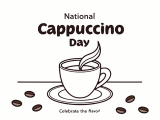 Celebrate National Cappuccino Day with a steaming cup of coffee and scattered coffee beans