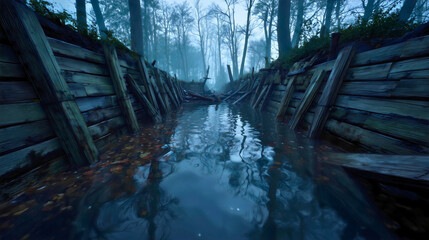 Muddy, Flooded Abandoned Trench from World War Warfare, with Wooden Planks and Debris, Evoking Somber Historical Decay.
