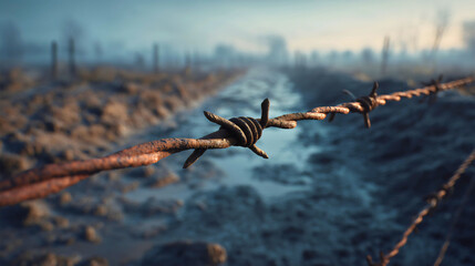 Rusty Barbed Wire Cross: A Somber, Weathered Symbol of War and Remembrance, with a Moody, Cinematic Close-Up.