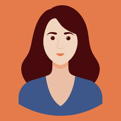 Flat illustration of a young woman with dark hair and red earrings, Flat vector illustration of a woman with dark hair, red lipstick, and red earrings against an orange background.