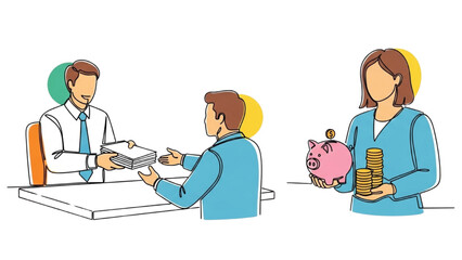 Colorful Continuous Line Drawing of Banker Handing Documents to Client with Piggy Bank and Coins, Symbolizing Trust, Savings, and Financial Services in Clean Vector Style