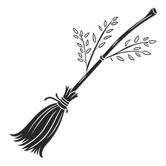 Black broomstick with branches and leaves vector witch broom