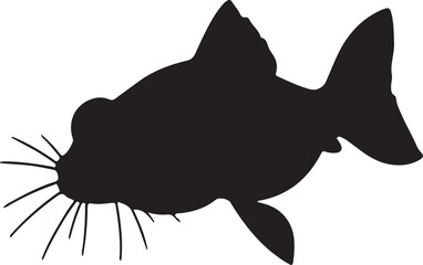 The silhouette vector art drawing shows a cute black and white fish character