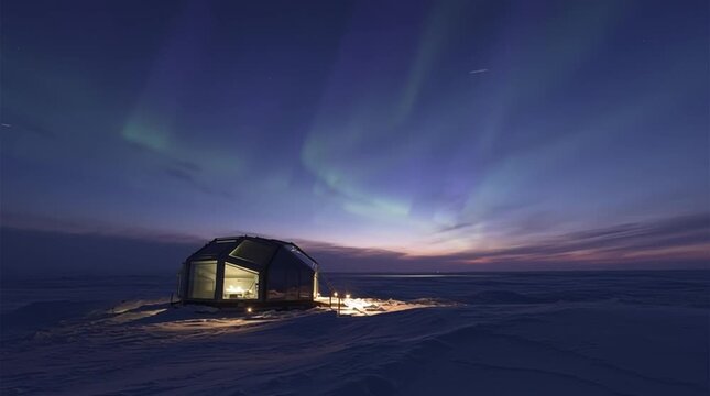 Futuristic Arctic outpost celebrating Christmas, with a glowing shelter in polar twilight beneath vivid northern lights, blending holiday warmth with icy sci-fi wonder in a serene, remote landscape.
