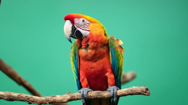 Vibrant parrot perched on branch against green backdrop