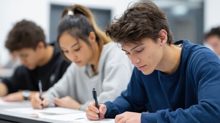 Focused students taking notes in classroom setting for educational success