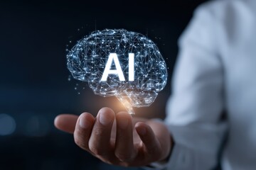 Businessman presenting a virtual glowing ai hologram for technological innovation and futuristic interface design