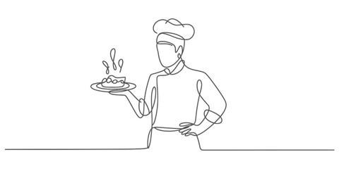 Continuous one line drawing of a chef presenting a culinary creation vector