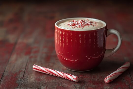 Red mug with candy cane atop it.