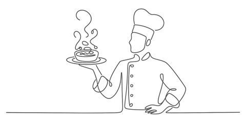 Chef presenting a stack of pancakes in a continuous one line drawing vector