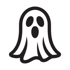 Simple black and white hand drawn outline of a cartoon ghost with a surprised open mouth and oval eyes