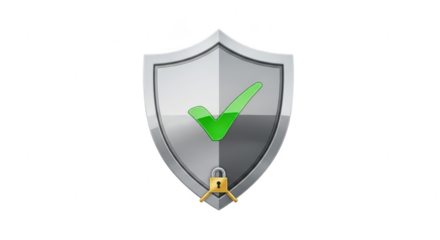 Silver shield with a green check mark and a gold padlock, symbolizing security, protection, and validation isolated on transparent background, rendered in a 3d illustration