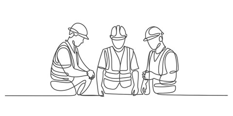 Minimalist continuous line drawing of construction workers discussing plans vector