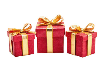 Three red gift boxes with gold ribbon and bows on a transparent background