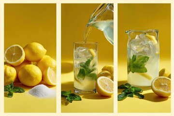 Step-by-Step Recipe Flat-Lay Triptych (3 panels): Homemade Lemonade