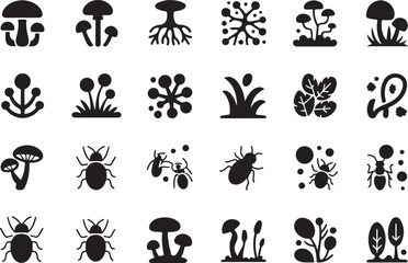 Black and white icon set of mushrooms plants insects and microscopic elements © MdMezbahul