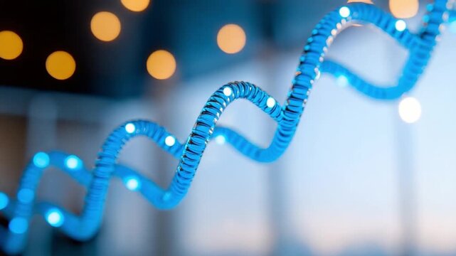 Genetic Code Symphony: Illuminated DNA strands weave their mesmerizing dance, echoing the intricate patterns of life with an ethereal blue glow and the soft radiance of a blurred backdrop.