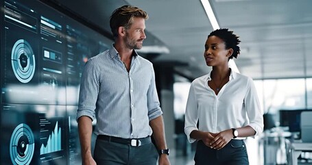 Professional diverse colleagues walking discussing in modern tech office with large digital displays - Powered by Adobe