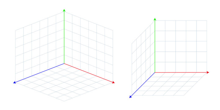 3d cartesian coordinate grid with X Y Z axes. Three dimensional math system vector illustration. Abstract geometric wireframe background isolated on white. Educational design for science