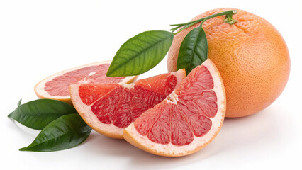 Delicious grapefruit with green leaves isolated on white background, offering a refreshing and healthy option for a balanced diet