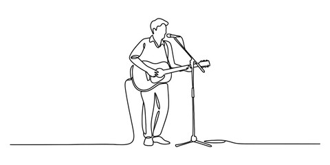 Elegant continuous line drawing of a musician playing guitar and singing into a microphone vector