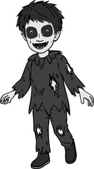 Creepy cartoon child in ragged costume with hollow eyes and eerie smile, spooky Halloween horror character illustration, unsettling fantasy artwork design
