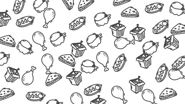 Doodle fast food pattern of outlined illustrations suitable for menus, packaging, and social media posts. Playful and versatile design.
