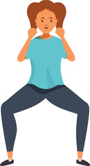 Woman doing sumo squats with hands near face, concentrating on her workout