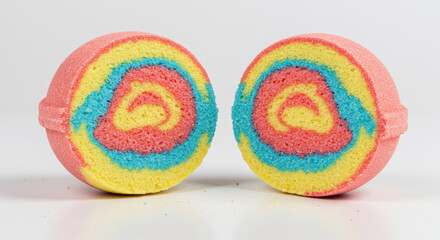 Colorful swirl bath bomb cut in half showing vibrant spiral pattern. Self-care and spa cosmetic product isolated on white background