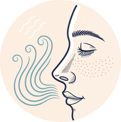 Portrait of the girl, a woman with beauty and fashionable lips, eyes, and hair, is a vector illustration of a person's head in silhouette and profile sketch art design with a black line drawing style 