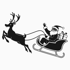 Black silhouette of Santa Claus in sleigh pulled by reindeer