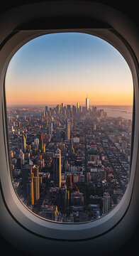 Fototapeta Stunning cityscape of New York City bathed in golden sunrise light, seen through an airplane window. Ideal for travel inspiration, urban planning, or a business trip concept.