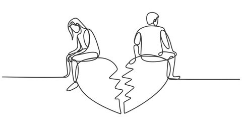 Single line drawing of two figures on a broken heart symbolizing separation and sadness vector