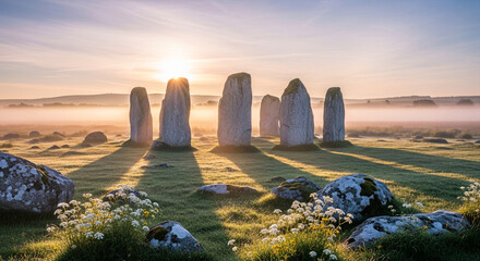 A mystical stone circle stands bathed in the golden light of sunrise, shrouded in mist, creating an ethereal and enchanting atmosphere