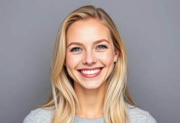 Bright smile, blonde hair, gray backdrop, cheerful headshot,  eyes,  cheerful