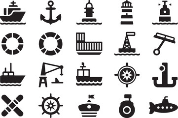 Collection of black maritime and naval icons representing various sea transportation and navigation.