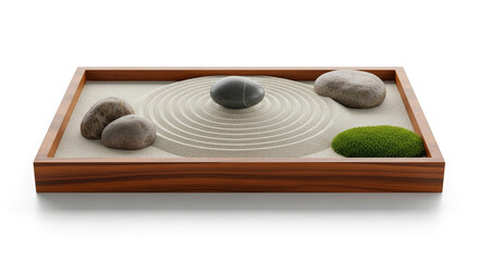Zen garden with sand, stones and moss isolated on white background, a miniature tranquil landscape for relaxation and meditation, promoting mindfulness and inner peace